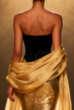 Sparkly Black and Gold Mermaid Sequin Long Pageant Dress with Shawl
