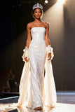 Sparkly White Sequin Mermaid Strapless Long Pageant Dress with Shawl