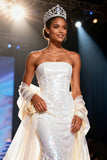 Sparkly White Sequin Mermaid Strapless Long Pageant Dress with Shawl