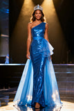 Sparkly Royal Blue Sequin Mermaid Long Pageant Dress with Cape