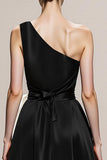 Black and White A-Line One Shoulder Satin Long Evening Dress