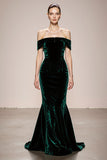 Dark Green Off the Shoulder Mermaid Velvet Evening Dress