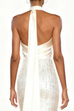 Sparkly White Satin Mermaid Halter Long Formal Dress
