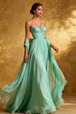Chiffon Mint Green Strapless Pleated A Line Long Evening Dress