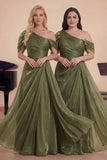 Dusty Sage Chiffon One Shoulder A Line Pleated Long Choir Dress
