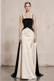 Black White Spaghetti Straps A Line Satin Long Formal Dress