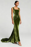 Square Neck Velvet Mermaid Pleated Long Formal Dress