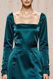 Peacock Blue A Line Square Neck Long Formal Dress with Slit