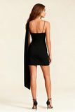 Tight Spaghetti Straps Little Black Dress with Side Cape