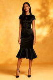 Black Mermaid Midi Cocktail Dress with Cap Sleeves