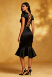 Black Mermaid Midi Cocktail Dress with Cap Sleeves