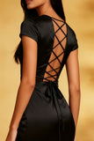 Black Mermaid Midi Cocktail Dress with Cap Sleeves