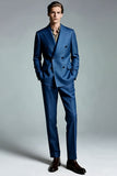 Dark Blue Peak Lapel Double Breasted Men Blazer
