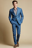 Blue Grey Notched Lapel Single Breasted Men Blazer