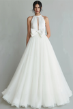 White A Line Organza Bow Crew Neck Long Wedding Dress with Keyhole