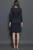 Black Pencil Round Neck Midi Work Dress with Sleeves