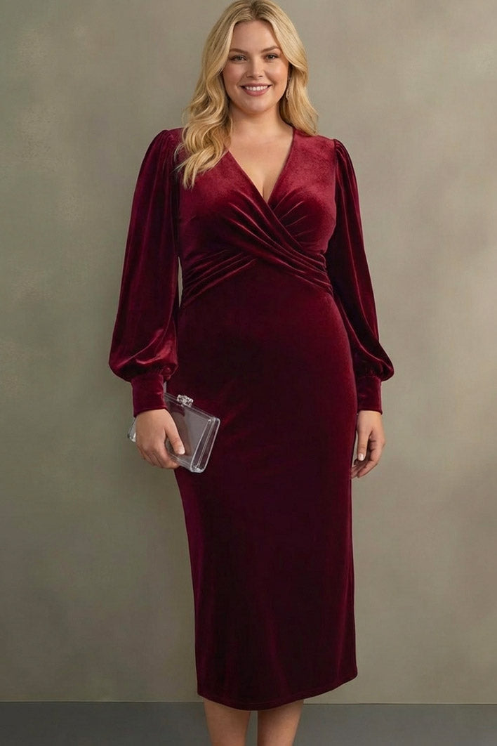 midi holiday party dress Zapaka Women Cabernet Velvet Midi Holiday Party Dress Long Sleeve Sheath V-Neck Evening Dress, Cabernet / US26W