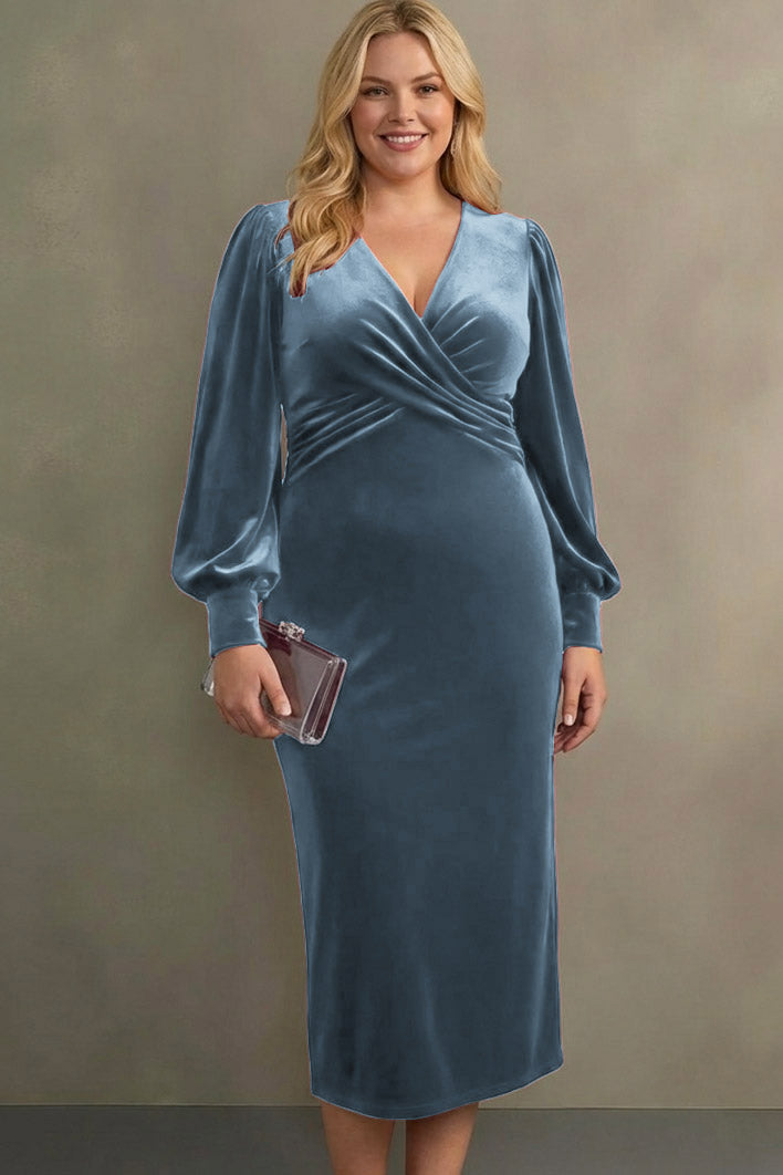 Zapaka Women Cabernet Velvet Midi Holiday Party Dress Long Sleeve Sheath V-Neck Evening Dress, Dusty Blue / US16W