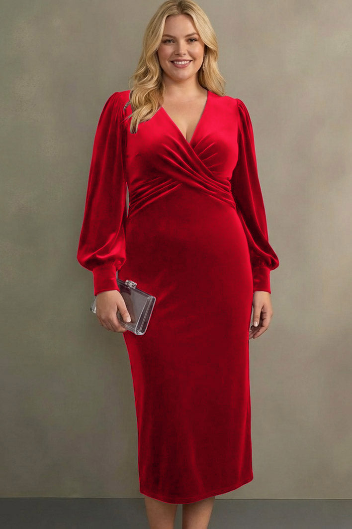 holiday party dress plus size Zapaka Women Cabernet Velvet Midi Holiday Party Dress Long Sleeve Sheath V-Neck Evening Dress, Red / US18W