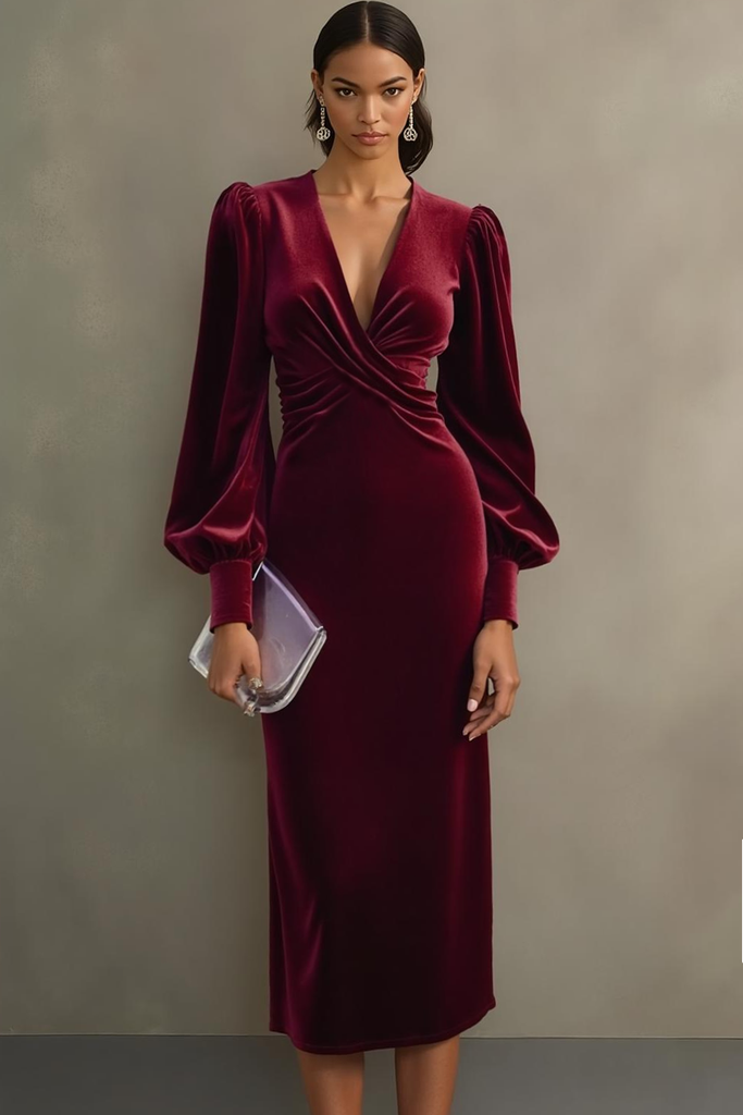 Plum Velvet A-Line Long Holiday Party Dress with Long Sleeves