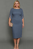 White Sheath Bateau Neck Midi Plus Size Formal Dress with Half Sleeves