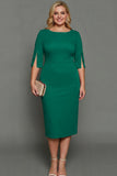 White Sheath Bateau Neck Midi Plus Size Formal Dress with Half Sleeves
