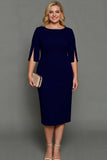 White Sheath Bateau Neck Midi Plus Size Formal Dress with Half Sleeves