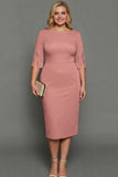 White Sheath Bateau Neck Midi Plus Size Formal Dress with Half Sleeves