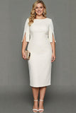 White Sheath Bateau Neck Midi Plus Size Formal Dress with Half Sleeves