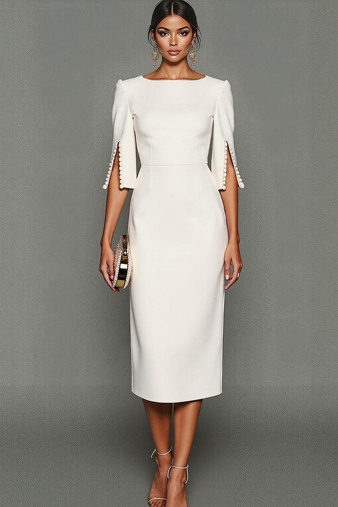 Zapaka Women White Sheath Midi Formal Dress Bateau Neck Evening Dress — free download