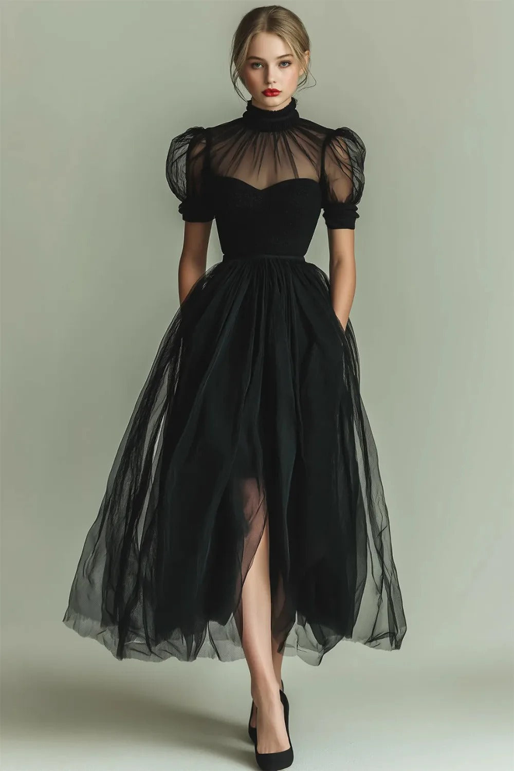 ZAPAKA Women Dark Green Midi Dress with Short Sleeves A Line High Neck Tulle Wedding Guest Dress, Black / US20W ZAPAKA Women Dark Green Midi Dress with Short Sleeves A Line High Neck Tulle Wedding Guest Dress, Black / US20W