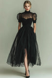 Dark Green A Line High Neck Tulle Midi Dress with Short Sleeves