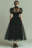 Dark Green A Line High Neck Tulle Midi Dress with Short Sleeves