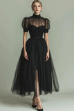 Dark Green A Line High Neck Tulle Midi Dress with Short Sleeves