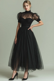 Dark Green A Line High Neck Tulle Midi Dress with Short Sleeves