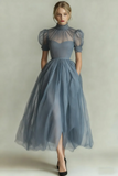 Dark Green A Line High Neck Tulle Midi Dress with Short Sleeves