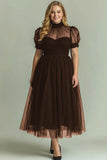 Black A Line High Neck Tulle Plus Size Midi Dress with Short Sleeves