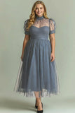 Black A Line High Neck Tulle Plus Size Midi Dress with Short Sleeves
