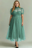Black A Line High Neck Tulle Plus Size Midi Dress with Short Sleeves