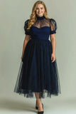 Black A Line High Neck Tulle Plus Size Midi Dress with Short Sleeves