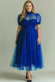 Black A Line High Neck Tulle Plus Size Midi Dress with Short Sleeves
