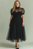 Black A Line High Neck Tulle Plus Size Midi Dress with Short Sleeves