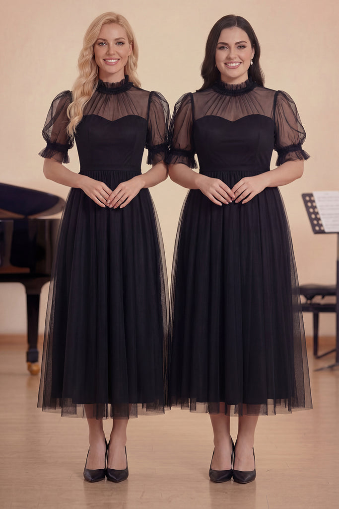 ZAPAKA Women Black A-Line Choir Dress High Neck Tulle Midi Wedding