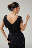 V-Neck Black Tiered Fringed Cut-Out 1920s Dress With Sequins