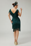 V-Neck Black Tiered Fringed Cut-Out 1920s Dress With Sequins