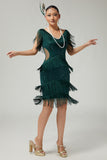 V-Neck Black Tiered Fringed Cut-Out 1920s Dress With Sequins