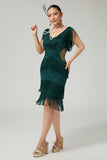 V-Neck Black Tiered Fringed Cut-Out 1920s Dress With Sequins