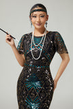 Sparkly Black Blue Fringed 1920s Dress With Short Sleeves