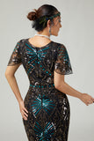 Sparkly Black Blue Fringed 1920s Dress With Short Sleeves