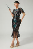 Sparkly Black Blue Fringed 1920s Dress With Short Sleeves